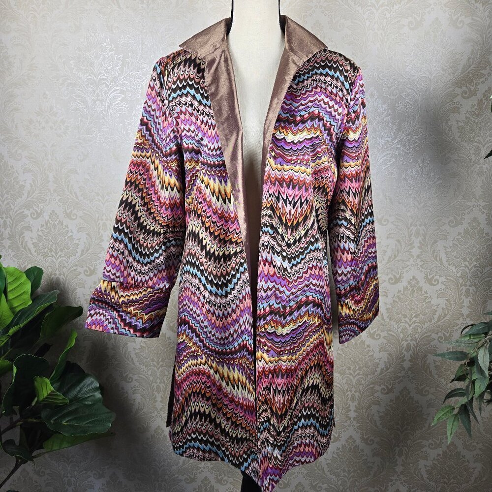 Grace Chuang NY Size Large Multi Color Squiggle Stripe Long Jacket No Closure